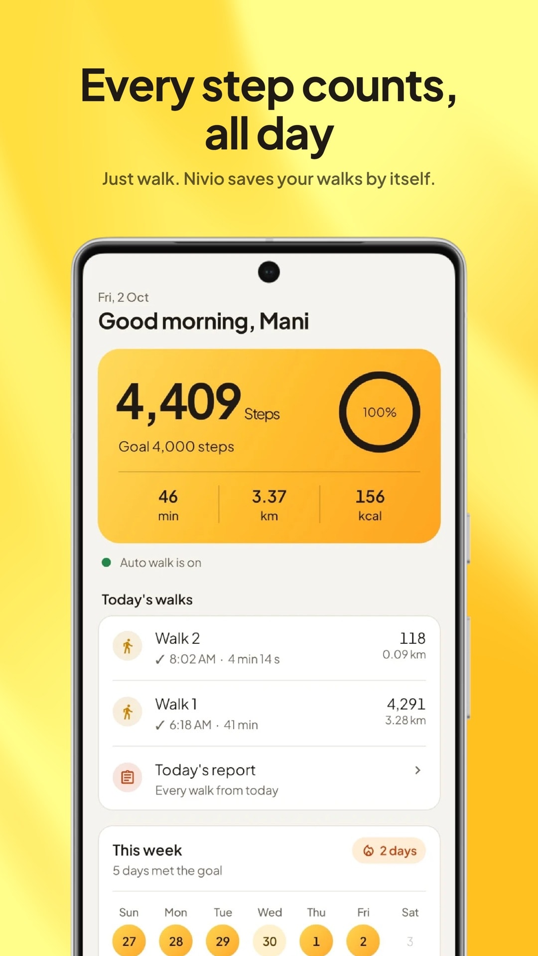 Nivio's Today screen: 4,409 steps and the day's walks