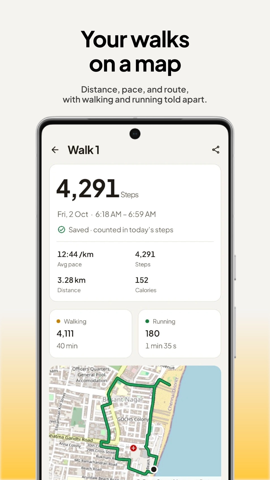 A walk's route on the map with distance and pace
