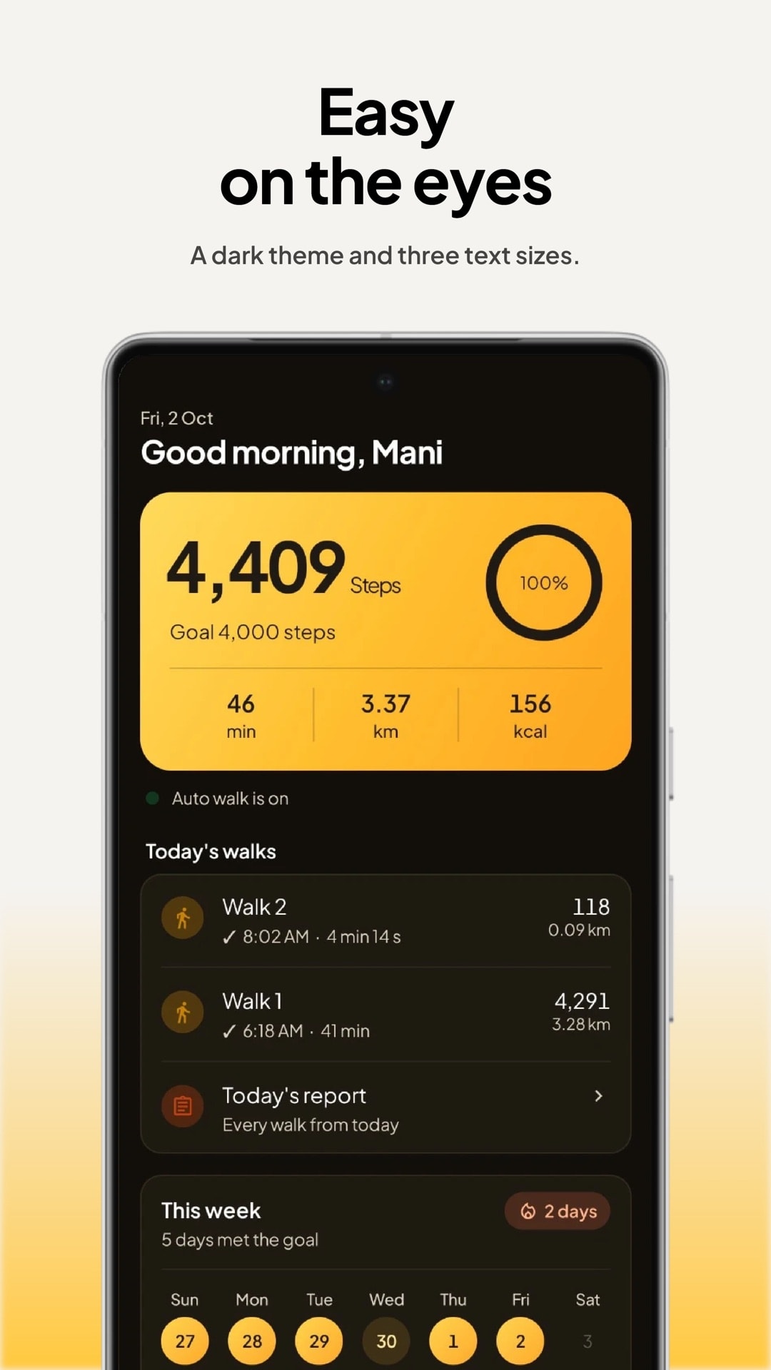Dark theme and three text sizes